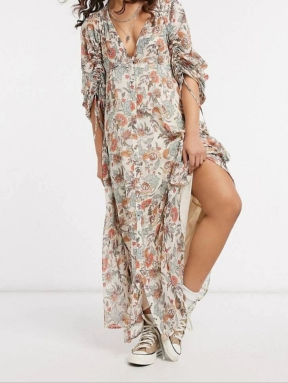 Boho Free People Floral Maxi V-Neck Dress in Cream and Rust (B)